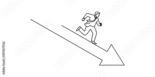 A business man running down a downward pointing arrow representing a financial market decline. Vector, illustration