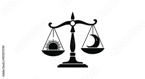 A balanced scale displays the sun on one side and the moon on the other, symbolizing balance or duality.