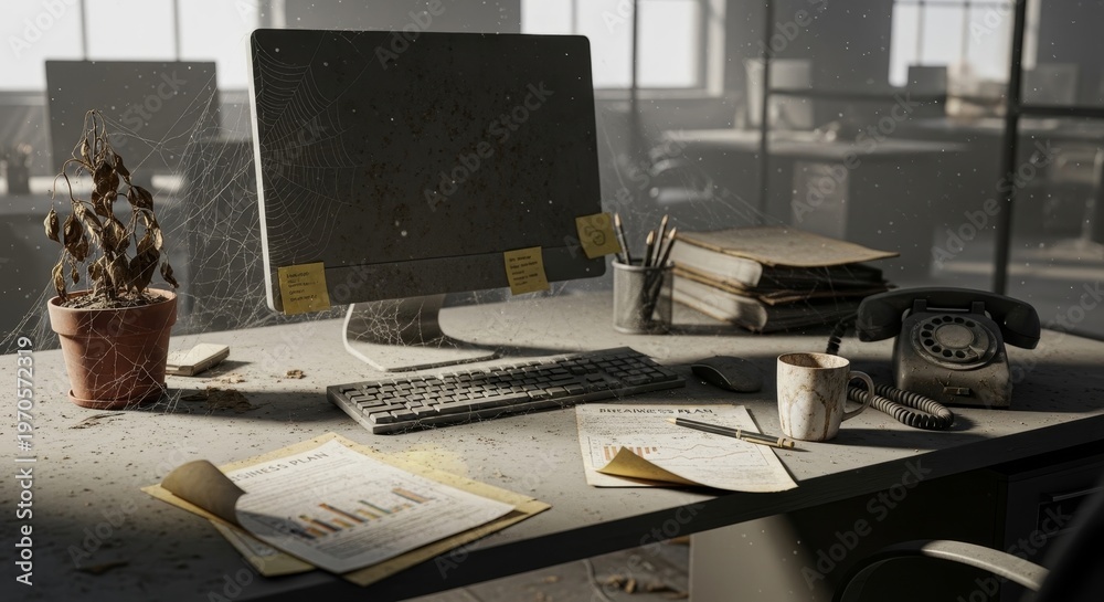 Fototapeta premium Cluttered office desk with computer equipment.