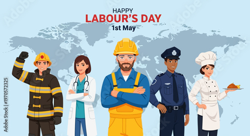 Labour Day celebration with diverse professionals standing together worldwide