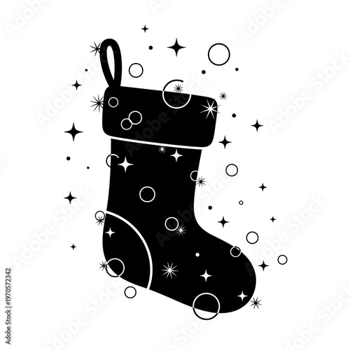 Black Christmas Stocking with White Decorations.