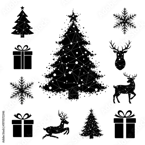 Black Christmas Tree Holiday Icons Set.