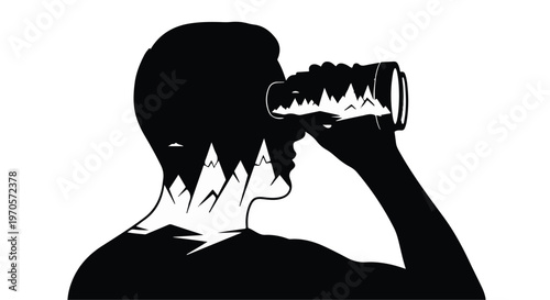 Silhouette of a person's head looking through binoculars, with a mountain landscape integrated into the silhouette.