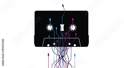 A black cassette tape with colorful wires extending from its spools and out of the bottom.