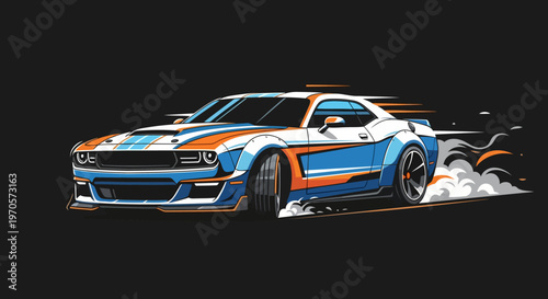 Powerful widebody muscle car in motion with speed lines and smoke. Dynamic vector art featuring a blue, white, and orange livery for high-speed racing themes.