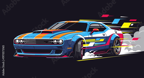 Vibrant abstract muscle car illustration with colorful geometric speed trails. Modern vector design featuring blue, yellow, and red accents on a dark backdrop.