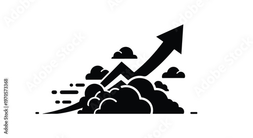 An upward trending arrow emerges from a cloud of smoke, symbolizing rapid growth and progress.