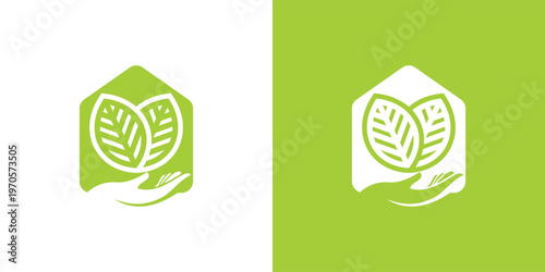 Green house logo with leaves and hand representing nature and care.