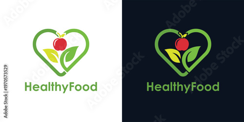 Healthy Food Logo with Heart Shape and Fresh Fruits.