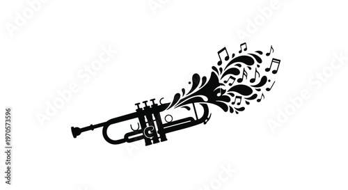 Trumpet emits a vibrant explosion of musical notes and abstract shapes, symbolizing creative sound.