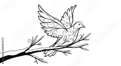 A decorative bird with intricate scrollwork patterns perches on a bare, snow-dusted branch.