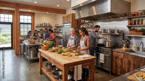 Interior of community kitchen with local food