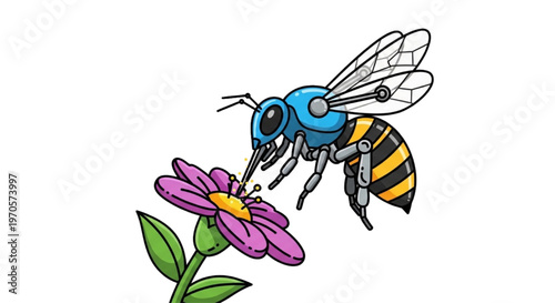 Stylized robotic bee landing on a colorful purple blossom, depicting nature's delicate pollination process