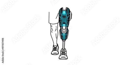 Futuristic bionic prosthetic leg illustration with glowing digital circuitry for advanced medical technology and human augmentation mobility