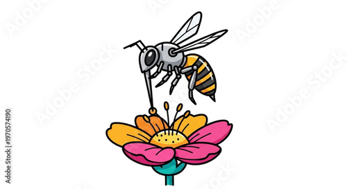 Illustrative cartoon graphic of a busy bee pollinating a vibrant colorful flower, highlighting nature's essential process