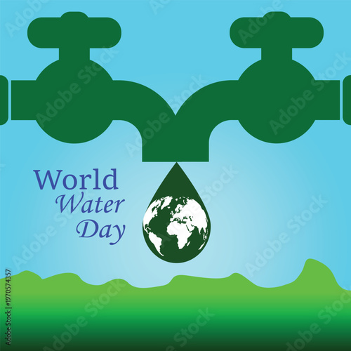 Creative illustration representing World Water Day featuring a stylized faucet, water drop, and splash on a blue gradient background. Concept of water conservation, sustainability, environmental aware