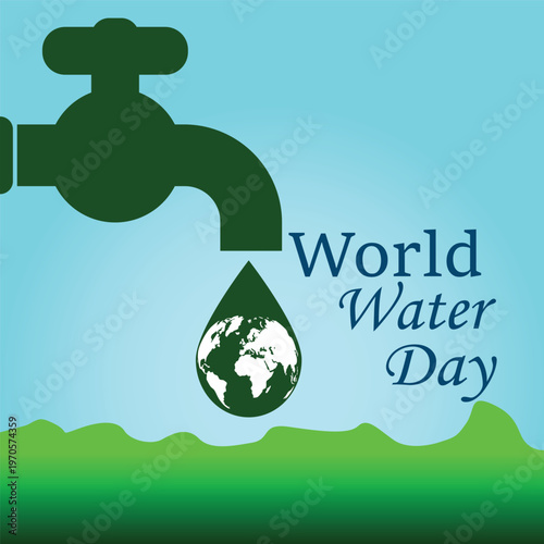 Creative illustration representing World Water Day featuring a stylized faucet, water drop, and splash on a blue gradient background. Concept of water conservation, sustainability, environmental aware