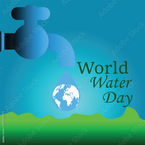 Creative illustration representing World Water Day featuring a stylized faucet, water drop, and splash on a blue gradient background. Concept of water conservation, sustainability, environmental aware