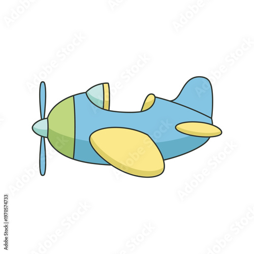 A funny cartoon airplane with a bow flies through the sky in this vector illustration of a toy aircraft designed for air travel and transport
