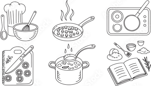 Line Art Illustrations of Cooking and Food Preparation Elements for Culinary Designs
