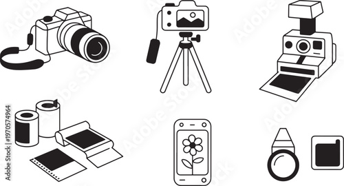 Photography Equipment Line Art Graphic Set Featuring DSLR Camera Tripod Instant Film and Phone