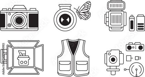 Professional Photography Equipment and Camera Gear Outline Icon Set with Studio Lighting Tools