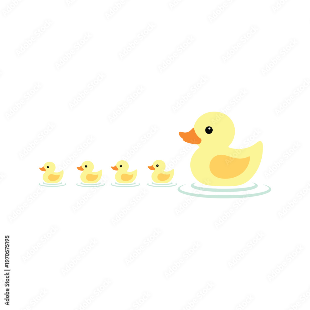 Fototapeta premium Two yellow rubber ducks are fun plastic baby bath toys isolated on white, featuring a cute cartoon bird design with orange beaks for childhood water play