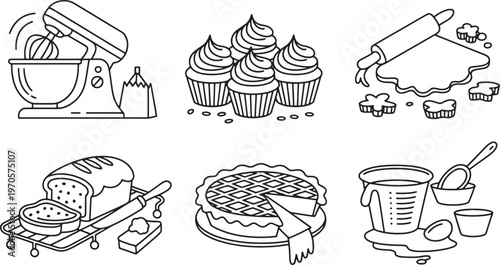 Set of six outline illustrations of baking equipment and desserts in a grid