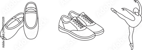 White Line Art Drawing of Ballet Pointe Shoes, Athletic Sneakers, and a Graceful Ballerina Figu
