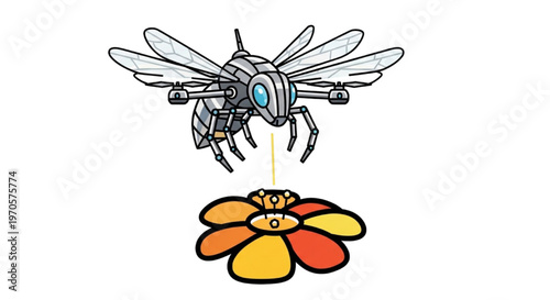 Robotic bee with advanced technology interacting with a vibrant flower in a futuristic garden setting