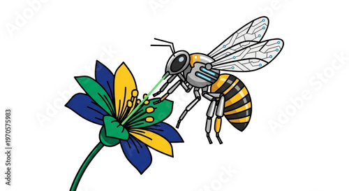 Robotic bee pollinating a stylized flower, showcasing technological evolution in nature