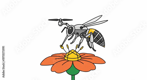 Innovative drone bee performing vital ecological work on a colorful blossom, symbolizing future tech