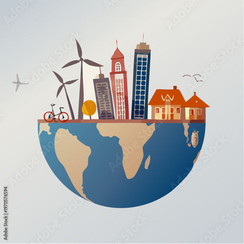 City skyline with wind turbines nearby.