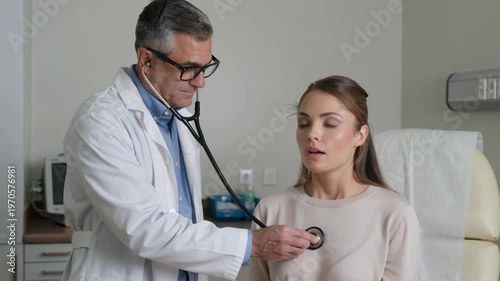 Doctor using a stethoscope to examine a patient in a clinical setting