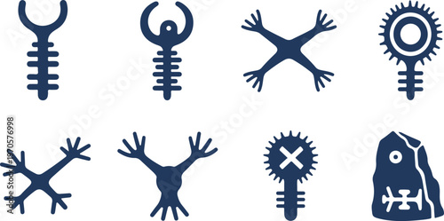 Ancient petroglyph symbols depicting human figures and abstract designs isolated on transparent background