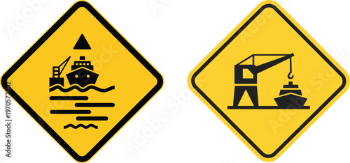 Port and harbor warning signs with ships and cranes