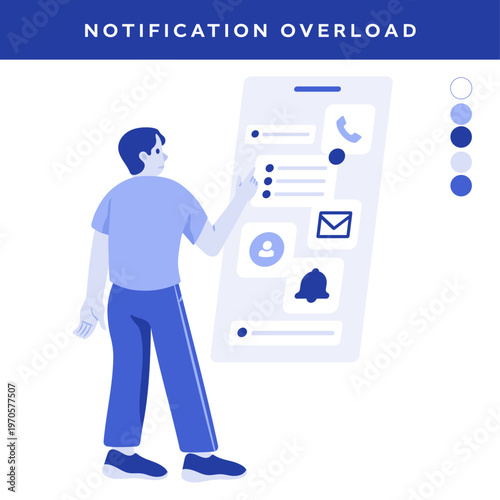 Man touching floating mobile alarms 5 color palette vector