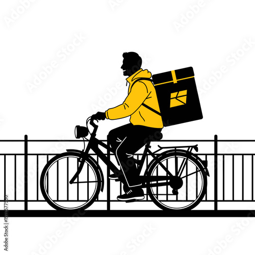 Courier on Bicycle: Silhouette of a courier on a bicycle, swiftly navigating a bridge, carrying a delivery bag, emphasizing the speed and efficiency of urban transport.