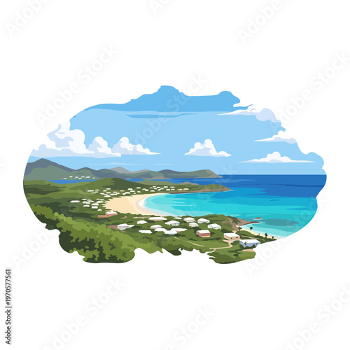 Coastal Paradise: The azure sea kisses a sun-kissed beach, embraced by rolling green hills, dotted with charming dwellings, all under a vast, cloud-strewn sky.