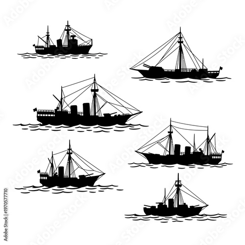 Vintage Naval Vessels Silhouette: A collection of vintage naval vessel silhouettes gracefully navigates the seas, presenting a classic symbol of maritime history and the age of sail.