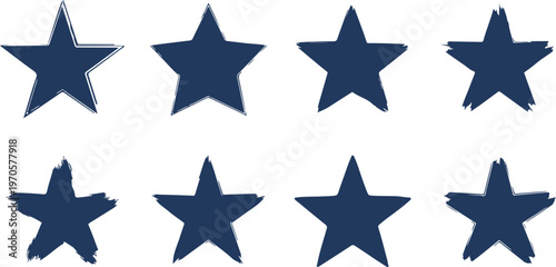 Collection of eight stylized star shapes with rough handdrawn edges for creative design projects