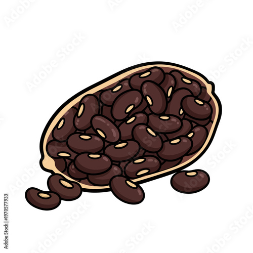 A vibrant cartoon vector illustration featuring a heap of dark black beans in a small bowl with several beans scattered around on a white background.
