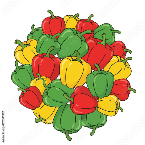 Colorful vector illustration featuring a dense circular arrangement of red, yellow, and green bell peppers in a clean cartoon style on white background.