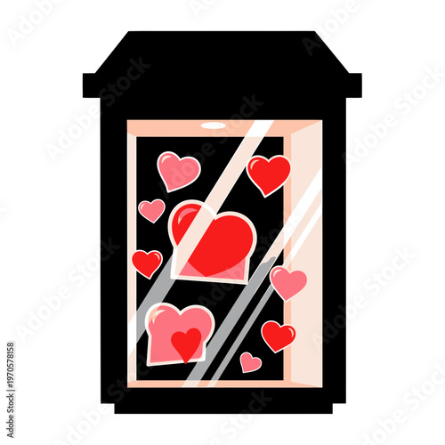 Love's Display: A captivating showcase, illuminated with vibrant hearts, symbolizing affection and romance within a dark frame.