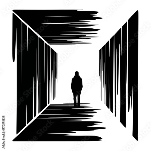 The Loneliness Maze: A solitary figure, cloaked in shadow, navigates a labyrinth of introspection, the monochrome world mirroring the introspective journey. 