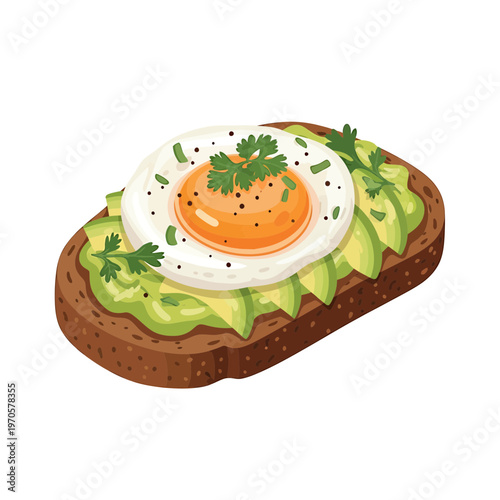 Avocado Toast with Fried Egg: A culinary delight, this image showcases a hearty slice of toasted bread topped with creamy avocado slices, a perfectly fried egg, and a sprinkle of fresh herbs.