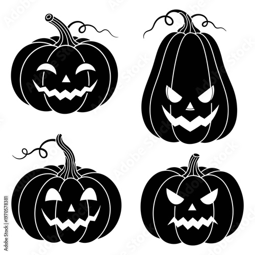 Jack-o'-Lanterns' Spooky Smiles: A set of four grinning jack-o'-lanterns, their carved faces glowing with an eerie light, evoking the spirit of Halloween.