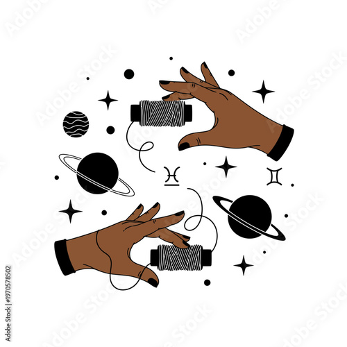 Threads of Cosmos:  Two hands delicately weave a cosmic tapestry, their fingers dancing with spools of thread against a backdrop of celestial wonders.