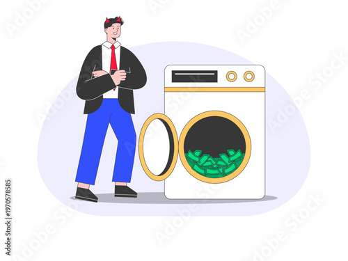 An illustration depicts money laundering, where illegal funds are depicted as if being cleaned through a washing machine. Trade war illustrations. Flat vector concepts.