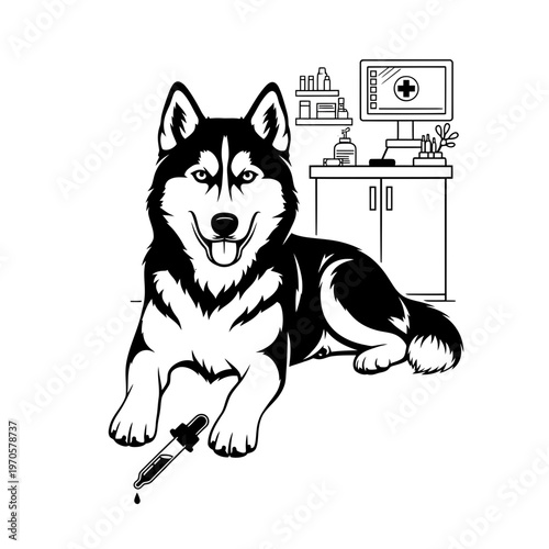 Dog at the Veterinary Clinic: An illustrated Siberian Husky lies patiently on an examination table, the focus on the healthcare setting. A medicine dropper hovers above a spilled drop on the floor.